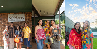 A three-panel collage showing people outdoors at what appears to be a Hawaiian agriculture school or farm, wearing colorful floral shirts and leis, with one panel showing a sign that reads 'Home of Kohana Hawaiian Agriculture School.' Because multiple people and a real outdoor environment are present, this is Lifestyle rather than Product/Packaging.
